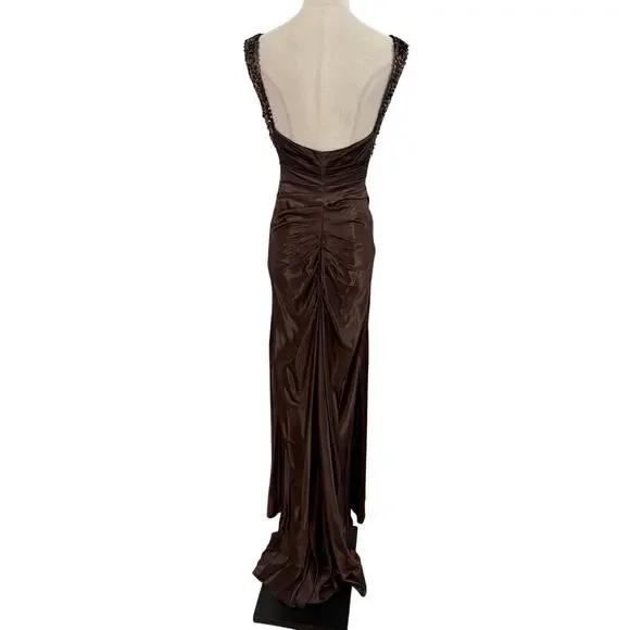 Vtg 90s Zum Zum brown satin dress sequin straps evening gown ruched low back 3/4 - Picture 7 of 8